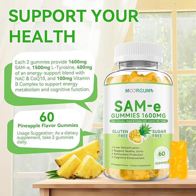 SAM-e L-Tyrosine Gummies with NAC, CoQ10 & Vitamin B Complex, 1600mg SAM-e, 1500mg L-Tyrosine Supplement for Energy, Cellular Antioxidant Support, Emotional Well-Being Support, 120 Count