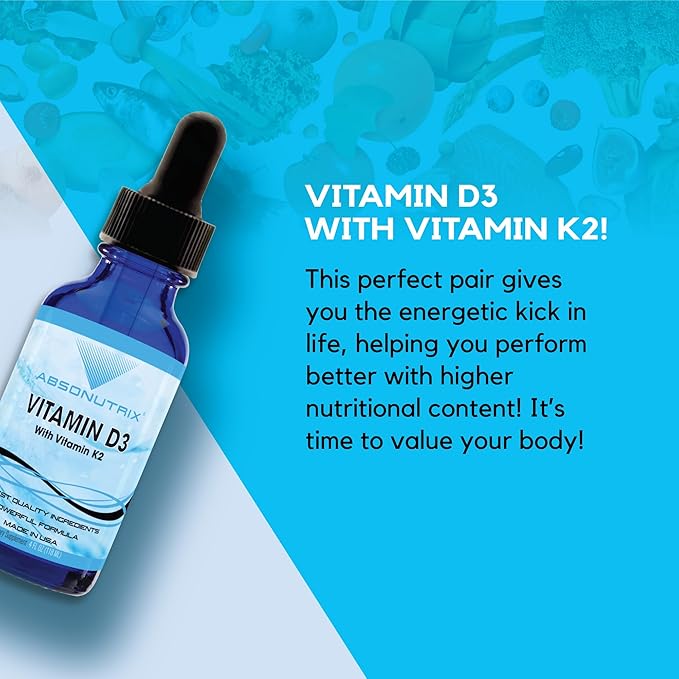 Absonutrix Vitamin D3 K2 Drops, 390mg, 4 Oz Liquid, 302 Servings, Made in USA, Quick Absorption, Quality Potent Ingredients, Non-GMO, GMP Certified, Cruelty-Free Products, Bone Strength Supplements