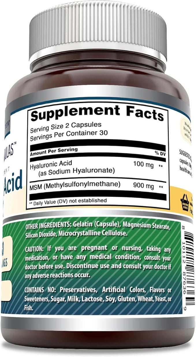 Amazing Formulas Hyaluronic Acid & MSM Supplement | 1000 Mg Per Serving | Capsules | Non-GMO | Gluten Free | Made in USA (60 Count | 1 Pack)