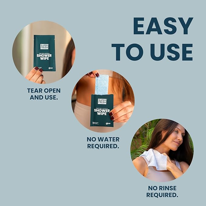 Super Fresh Shower Wipes Large Unscented Body Wipes for No Rinse Bathing Personal Hygiene Gym Travel or Camping Enriched with Aloe and Vitamin E 50 Individually Wrapped Disposable Sheets