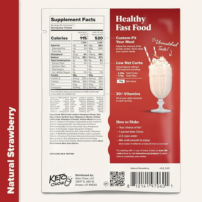 Keto Chow Natural Strawberry | Keto Meal Replacement Shake Powder | Nutritionally Complete | Low Carb | Delicious Easy Meal Substitute | Protein Rich You Choose The Fat | Single Meal Sample