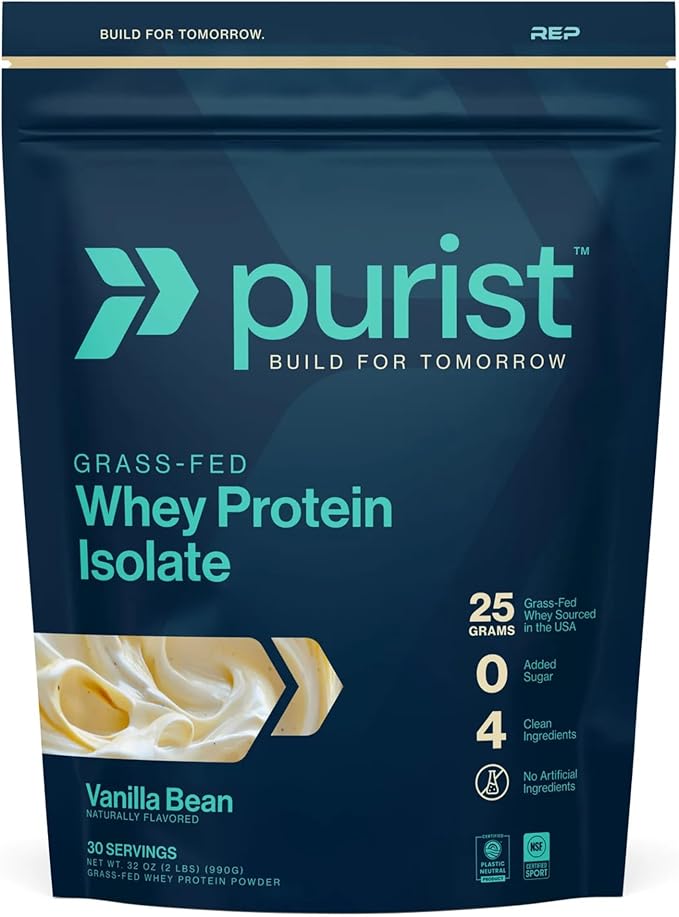 PURIST REP Whey Protein Powder, Premium Vanilla Grassfed Isolate,Workout Recovery, Keto Friendly, Clean Nutrition Meal Replacement, Promotes Lean Muscle, Sugar and Gluten-Free Women Men, 2 Lb