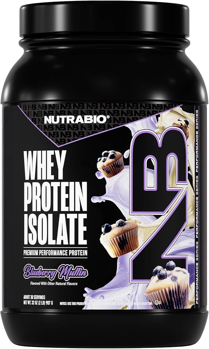 NutraBio 100% Whey Protein Isolate Protein Powder, 25g Protein with Complete Amino Acid Profile, Non-GMO, Soy & Gluten Free, Low Carb, Low Calorie Whey Protein Powder, Blueberry Muffin, 2 Lbs
