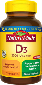 Nature Made Vitamin D3 2000 IU (50 mcg), Vitamin D Supplement for Bone, Teeth, Muscle and Immune Health Support, 220 Tablets, 220 Day Supply