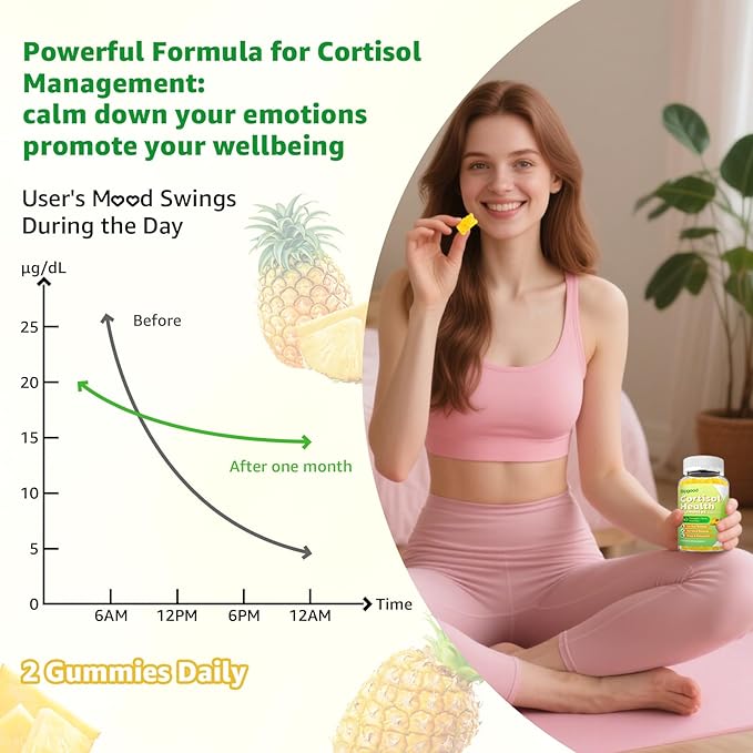 Cortisol Gummies - Cortisol Supplements for Women & Men with Ashwagandha, Magnesium, L-theanine for Cortisol Balance, Support Relaxation, Energy, Zzz, Pineapple Flavor, 60Ct