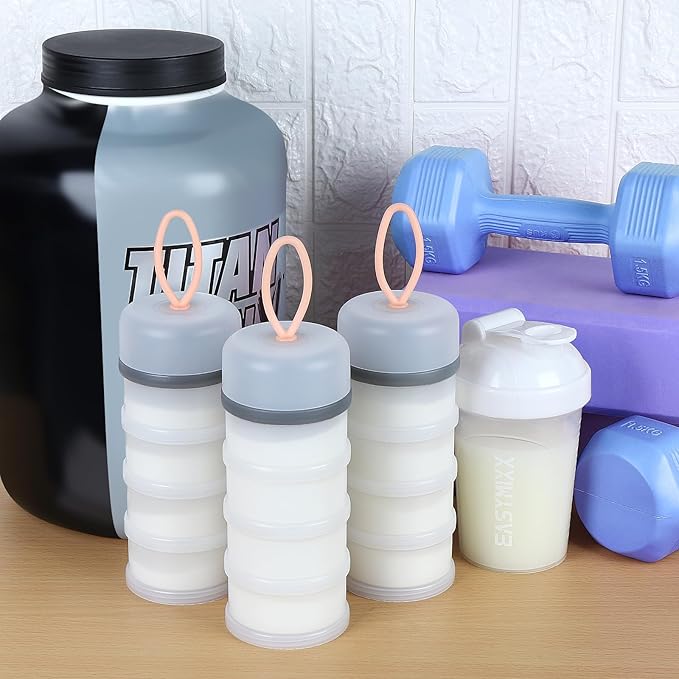Accmor 3 Pcs Protein Powder Container to Go with Funnels Stand, 4 Compartments Stackable Protein Powder Dispenser for Workout, Fitness, Travel