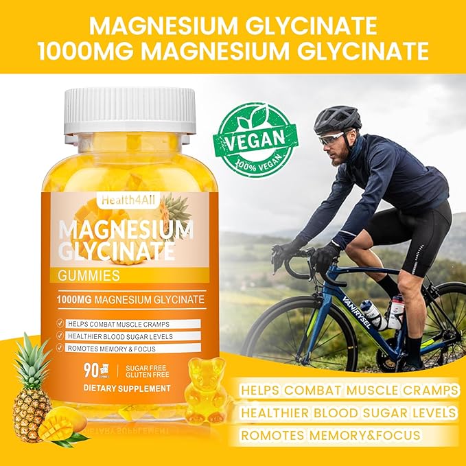 Magnesium Glycinate Gummies 1000mg, High Absorption Sugar Free Magnesium Potassium Supplement for Relaxation, Stress Relief, and Sleep Support for Adults & Kids - 180 Mango Pineapple Gummies