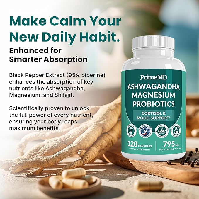 PrimeMD 5-in-1 Cortisol Supplement for Women and Men with Ashwagandha for Calmness, Focus, and Adrenal Support Supplements with Shilajit Extract, Magnesium Glycinate, Probiotics (120 ct) (Pack of 4)