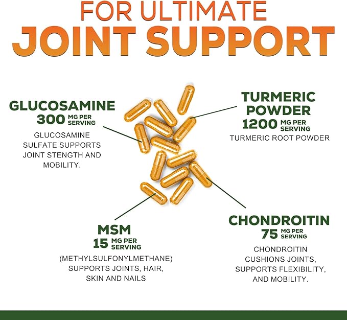 Turmeric Curcumin Supplement - 95% Curcuminoids with Glucosamine, Ginger & MSM, BioPerine Black Pepper Extract for Best Absorption, Natural Vegan Joint Support, Non-GMO, Bottled in USA - 180 Capsules