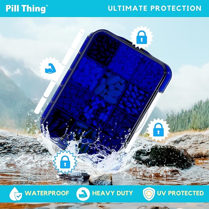 12 Compartment Large Pill Case with Airtight Seal - Silicone Gasket Waterproof Med Box with Medication Map (Blue 2 Pack)