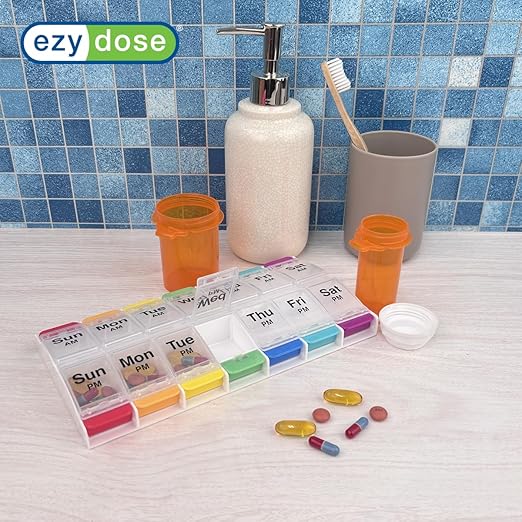 EZY DOSE Push Button (7-Day) Pill Case, Medicine Planner, Vitamin Organizer, 2 Times a Day, AM/PM Container, X-Large Compartments, Arthritis Friendly, Easy to Use, Clear Lids, Rainbow, BPA Free