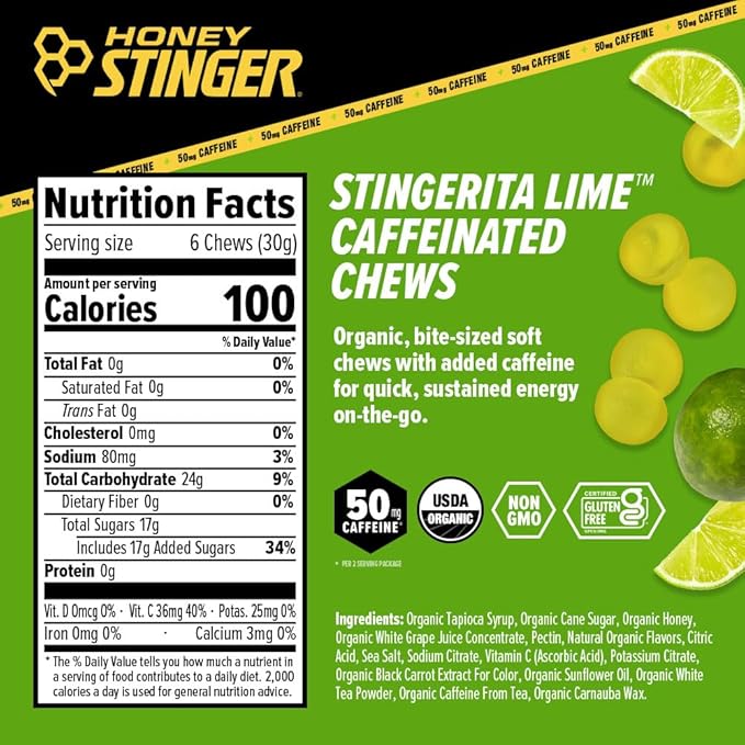 Honey Stinger Stingerita Lime Caffeinated Energy Chew Gluten Free with Caffeine for Exercise, Running and Performance Sports Nutrition for Home & Gym, Pre and Mid Workout 12 Pack, 23.2 Ounce