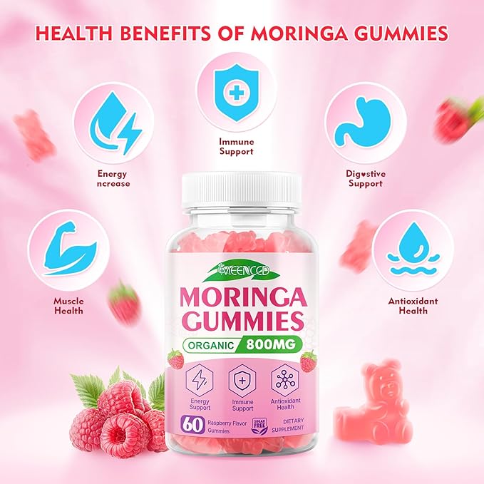 Moringa Gummies - Pure Moringa Leaf Supplement for Adults, Contains Essential Vitamins, Antioxidants & Amino Acids, Sugr-Free, Raspberry Flavor, 60 Count
