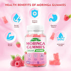 Moringa Gummies - Pure Moringa Leaf Supplement for Adults, Contains Essential Vitamins, Antioxidants & Amino Acids, Sugr-Free, Raspberry Flavor, 60 Count
