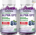 2 Pack Liposomal Alpha GPC 2000mg & Citicoline Gummies Complex Phosphatidylserine,Ginkgo Biloba,L-Tyrosine,Huperzine A & B Vitamins,20-in-1 Blend for Focus, Memory & Cognitive Support