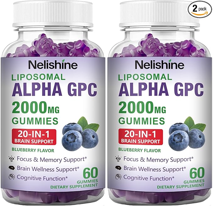 2 Pack Liposomal Alpha GPC 2000mg & Citicoline Gummies Complex Phosphatidylserine,Ginkgo Biloba,L-Tyrosine,Huperzine A & B Vitamins,20-in-1 Blend for Focus, Memory & Cognitive Support