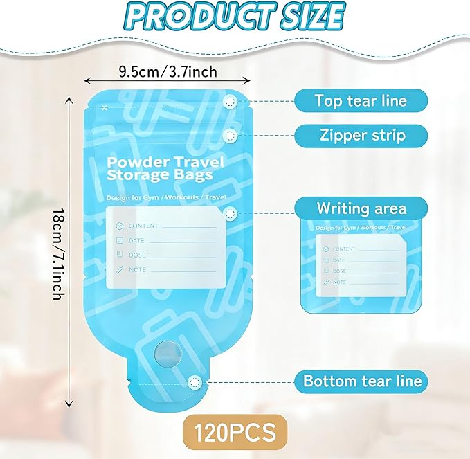 Protein Powder Travel Container Bags, Leakproof Bottle-Shaped Disposable Powder Travel Storage Bags for Gym, Workouts, Outdoor | Mess-Free Supplement Storage Solution (120)