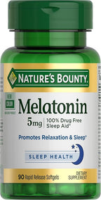 Nature's Bounty Melatonin, 100% Drug Free Sleep Aid, Dietary Supplement, Promotes Relaxation and Sleep Health, 5mg, 90 Softgels (Pack of 1)