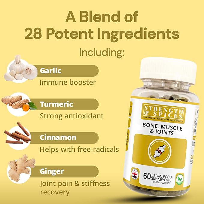 Strength & Spices Bone, Muscle & Joints 100% Natural Supplement – 28 Ingredients w Turmeric - 60 Vegan UK Made 1000mg Capsules – Mobility and Flexibility Support