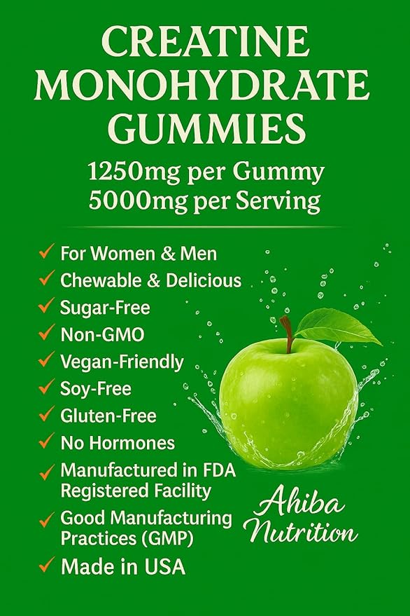 Creatine Monohydrate Gummies 5g per Serving, chewable, Vegan, Non-GMO, Sugar-Free, Soy-Free, Gluten-Free, Men & Women,More Strength & Recovery- Sour Apple Flavor, Made in USA