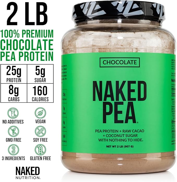 NAKED Chocolate Pea Protein Isolate from North American Farms, Only 3 Ingredients, Chocolate Vegan Protein, NSF Certified, Gluten-Free, Soy Free, GMO Free - 2LB