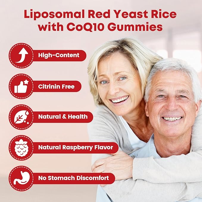 Red Yeast Rice with Coq10 Gummies, Red Yeast Rice 2400 mg with CoQ10 200 mg for Cholesterol Support, Heart Health Supplement, Sugar Free, Non-GMO, Vegan – 120 Counts