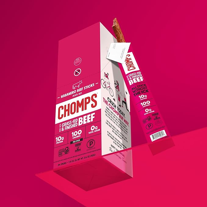 Chomps Grass-Fed and Finished Spicy Habanero Beef Jerky Snack Sticks 24-Pack - Keto, Paleo, Whole30, 10g Lean Meat Protein, Gluten-Free, Zero Sugar Food, Non-GMO