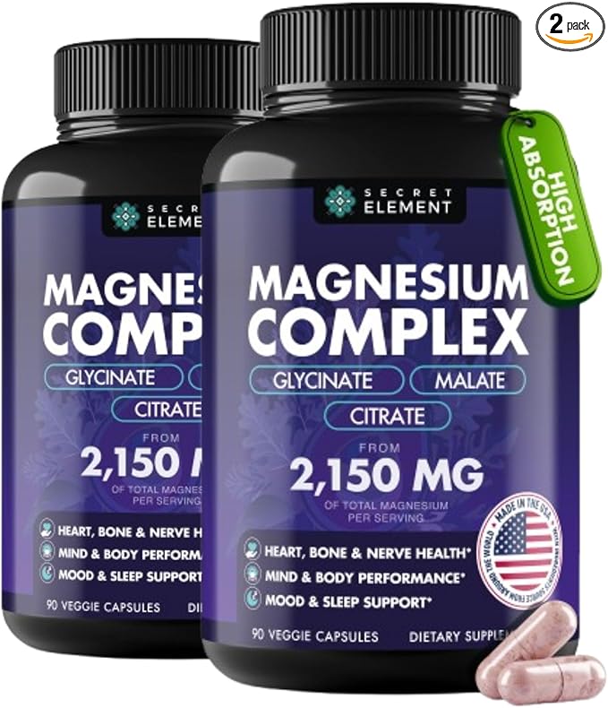 Magnesium Complex 2,150MG, High Absorption Capsules with Magnesium Glycinate, Citrate & Malate, Plus Vitamin B6, B2, Folate & Beet Root, Vegan, Non-GMO, No Artificial Additives, 90 Capsules, Pack of 2
