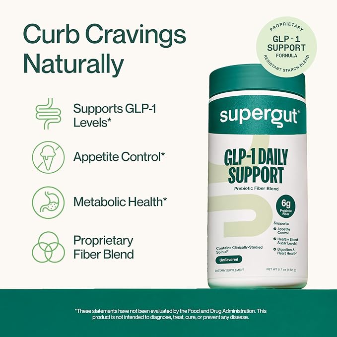 Supergut GLP1 Daily Support - High Fiber GLP-1 Supplement Powder for Women & Men - Sugar-Free Drink Mix for Gut Health (20 Servings)