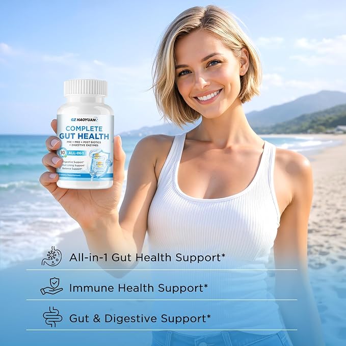 All-in-1 Gut Health with Probiotics, Prebiotics, Postbiotics & Digestive Enzymes for Women & Men, Complete Gut Health & Digestive Support Supplement, Immune Health Support, 90 Capsules