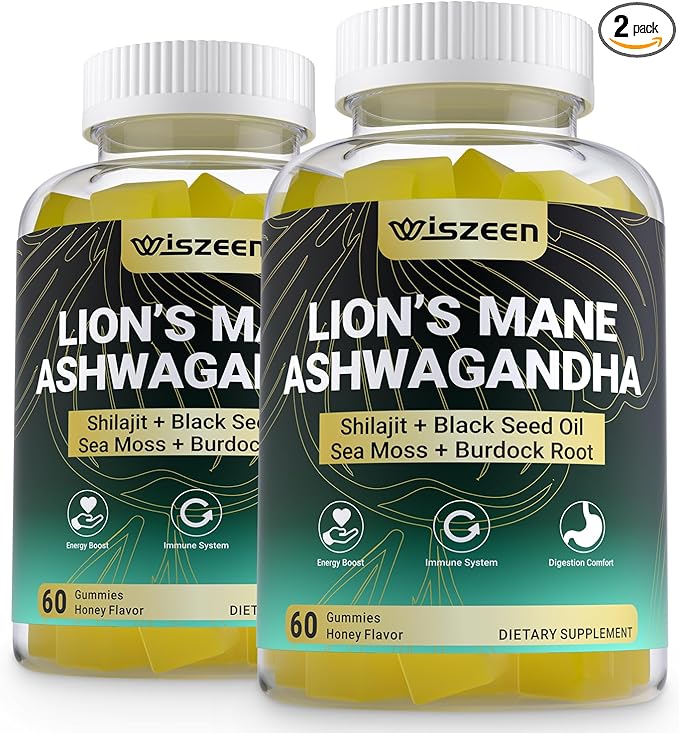 Ashwagandha Gummies - Lions Mane Gummies, Ashwagandha Lion's Mane Supplement with Shilajit, Sea Moss, Black Seed Oil for Adults - Energy, Cognitive & Immune Support