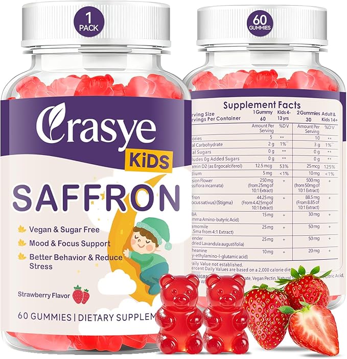 Saffron Gummies for Kids 100% Pure Organic Saffron Extract Sugar Free Saffron Supplements Gummy for Children Calm Mood & Focus - 60 Gummies
