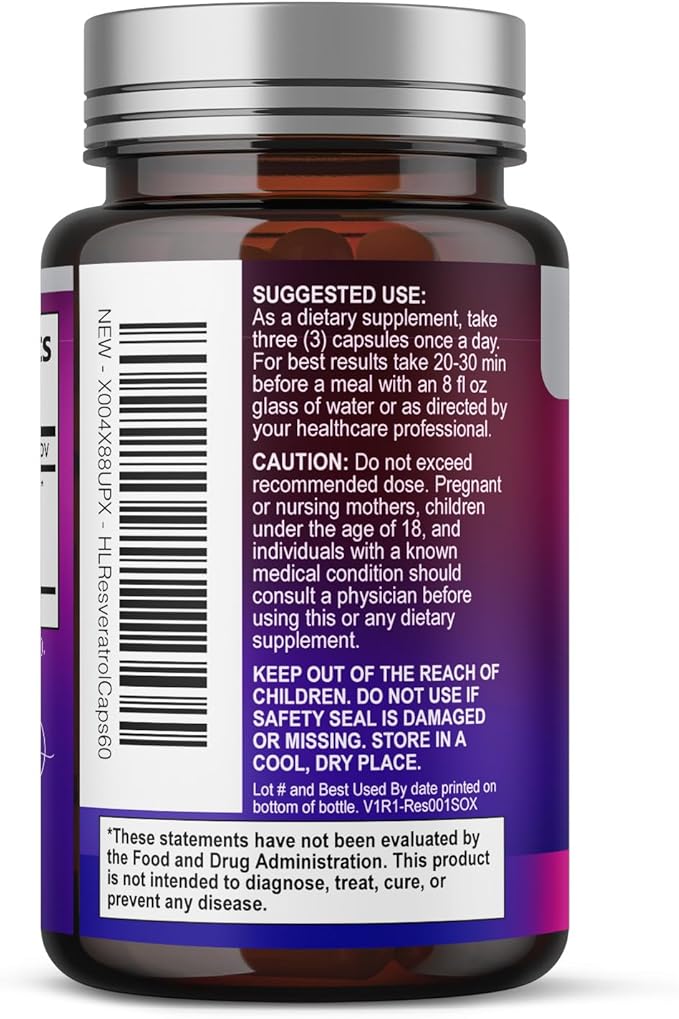 Resveratrol Blend 1800mg per Serving Supplement - Extra Strength Antioxidant Complex for Healthy Aging & Immune Support, Heart Health & Energy Support, Bioavailable Trans-Resveratrol - 60 Capsules