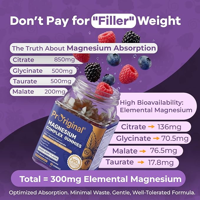 Magnesium Gummies for Stress & Sleep - 300mg Magnesium Complex with Glycinate, Citrate, Malate & Taurate - Supports Relaxation, Muscle & Heart Health - Vegan, Sugar-Free, Non-GMO - 60 Gummies