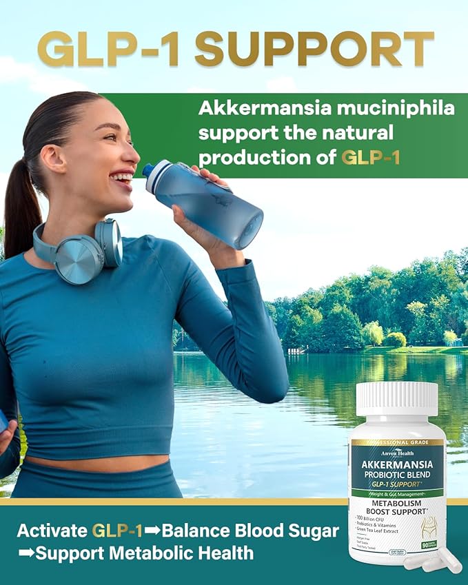 GLP-1 Supplement 100 Billion Akkermansia Probiotic & Prebiotic for Gut Health & Digestion, Metabolism & Energy Support with Vitamin B2 & D, Green Tea and Chromium - Non-GMO | 270 Capsules