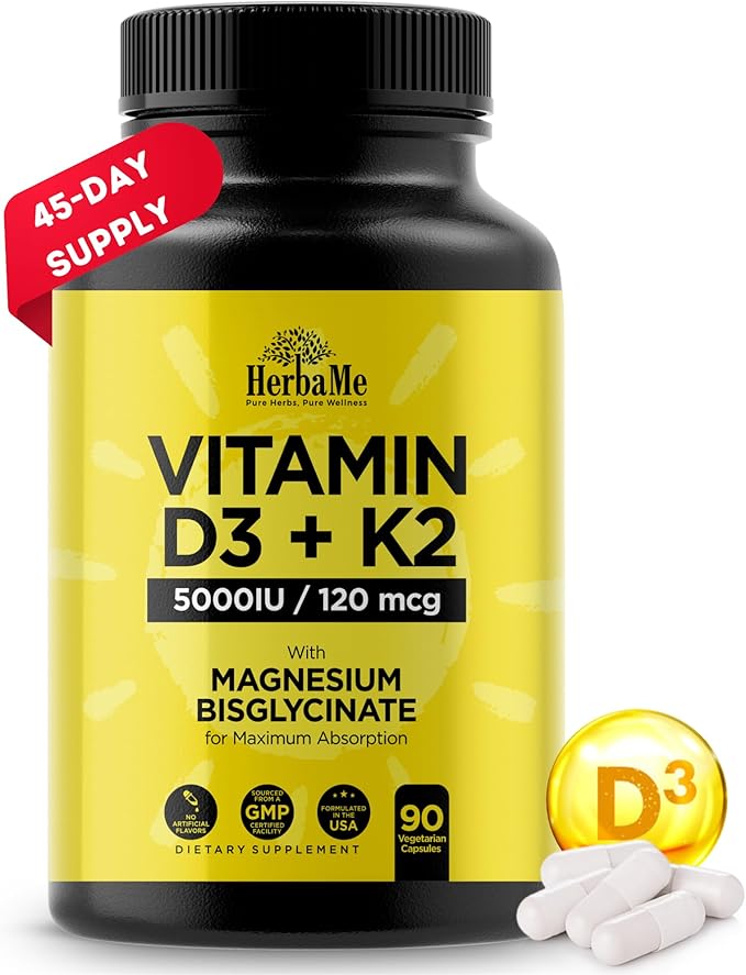 HerbaMe Vitamin D3 5000 IU + K2 with Magnesium Bisglycinate for Max Absorption | 90 Capsules | Immune Support | Promotes Heart, Bone and Muscle Health