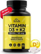 HerbaMe Vitamin D3 5000 IU + K2 with Magnesium Bisglycinate for Max Absorption | 90 Capsules | Immune Support | Promotes Heart, Bone and Muscle Health