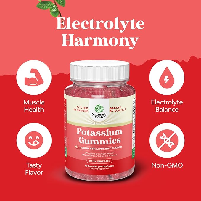 High Potency Potassium Gummies for Adults - Powerful Potassium Supplement Gummies for Optimal Health - Delicious Strawberry-Flavored - Vegan - 60 Count