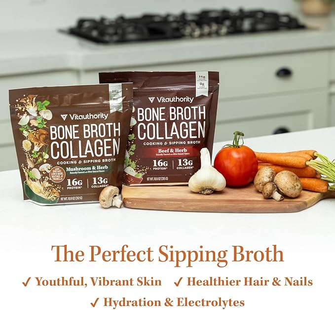 Vitauthority Bone Broth Collagen Delicious Chicken Noodle Flavored - Packed with 16g of Protein & Types I, II, III - Nourishes Skin, Hair, Nails, Joints, & Gut - Beef BoneBroth