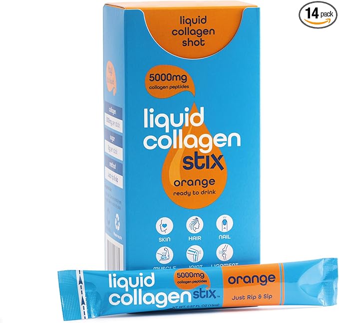 Hydrolyzed Liquid Collagen Peptides for Women & Men - Grass-Fed Bovine Protein Supplement for Hair Growth, Skin and Nails (Pack of 14, Orange)