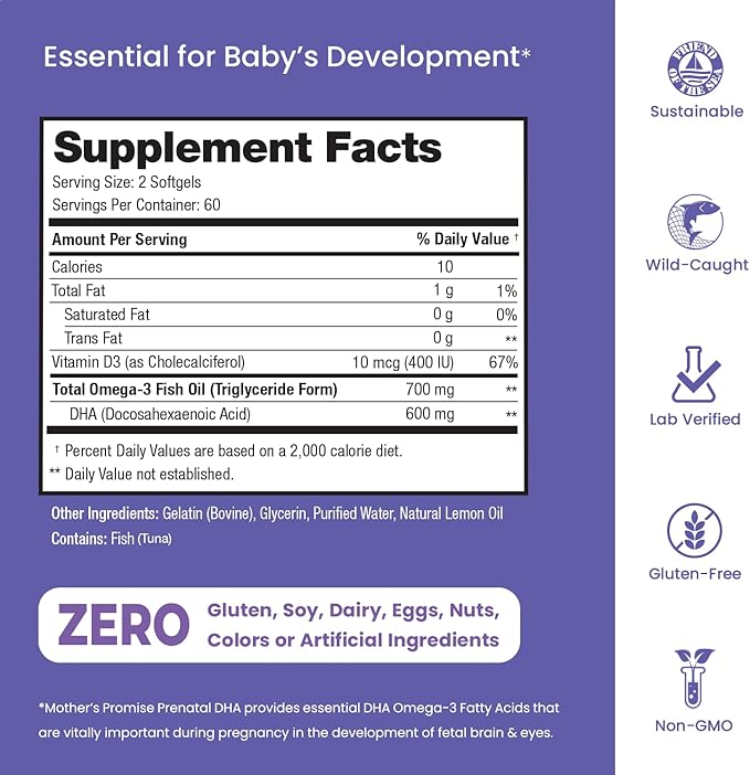 Prenatal DHA for Women 600mg + 400 IU Vitamin D3 | 120 Softgels | Supports Brain Health | Triglyceride Omega 3 Fish Oil DHA Prenatal Vitamins for Pregnancy & Nursing | 300mg per Capsule