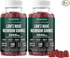 Lions Mane Mushroom Gummies for Adults, 280 Count Bulk Lion's Mane Chewables, High Potency 10:1 Organic Extract amounts to 2000mg, Supplement Supports Mental Clarity, Focus, Mood and Brain Fog, 2 Pack