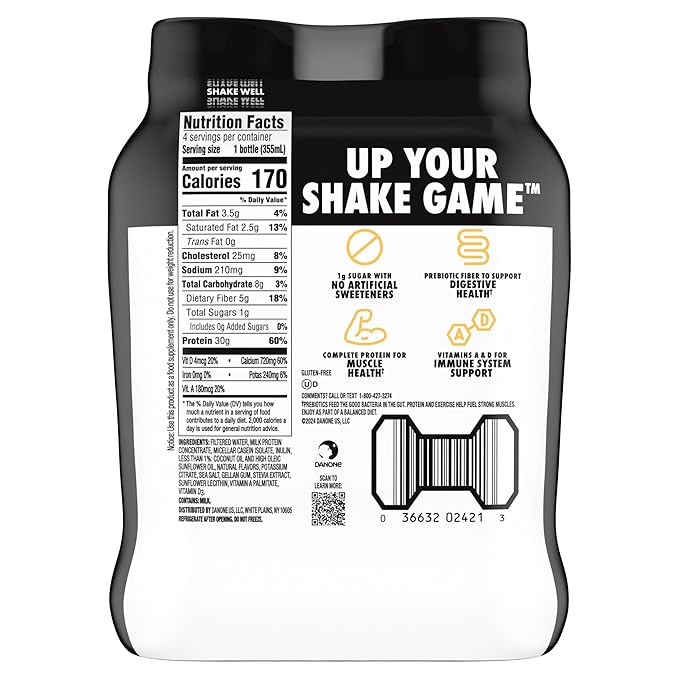 Oikos Protein Shake, Vanilla, 30g High Protein Drinks, Shelf Stable, Ready to Drink, 5g Prebiotic Fiber, 12 fl oz Bottle, 4 Count