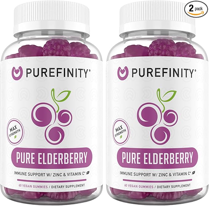 PUREFINITY Elderberry Gummies with Sambucus, Vitamin C, and Zinc – Your Perfect Daily 3-in-1 Supplement for Kids & Adults – Gluten Free, Non-GMO, Vegan, 60 Count (Pack of 2)