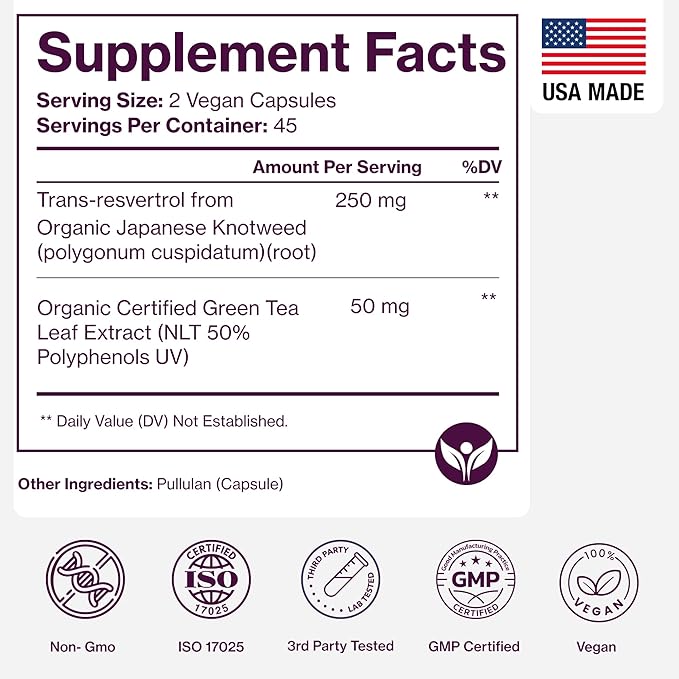 Organic Resveratrol Supplement – Trans-Resveratrol Capsules with Green Tea – Highly Purified & Bioavailable - 90 Vegan Caps