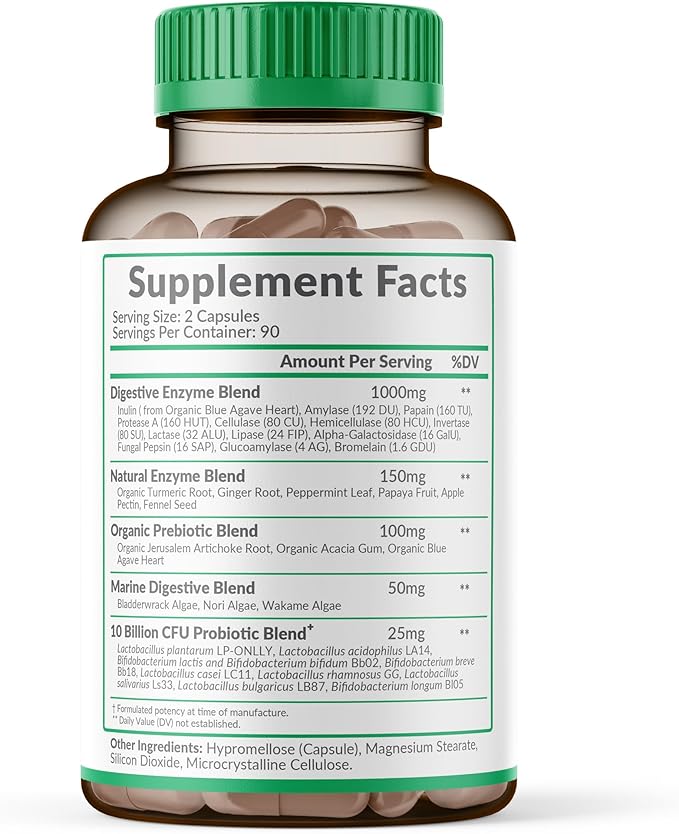 Wholesome Wellness Digestive Enzymes 1000MG Plus Prebiotics & Probiotics Supplement, 180 Capsules, Organic Plant-Based Vegan Formula for Digestion & Lactose with Amylase & Bromelain,3-6 Months Supply