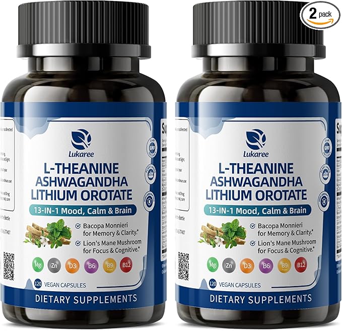 Lithium Orotate 5/10mg, L-Theanine 200mg, Ashwagandha 300mg - Mood Focus Memory Brain Supplements with Bacopa Monnieri, Lion’s Mane, Magnesium, Zinc D3 B6 Folate B12 - 120 Vegan Capsules, 2 Months