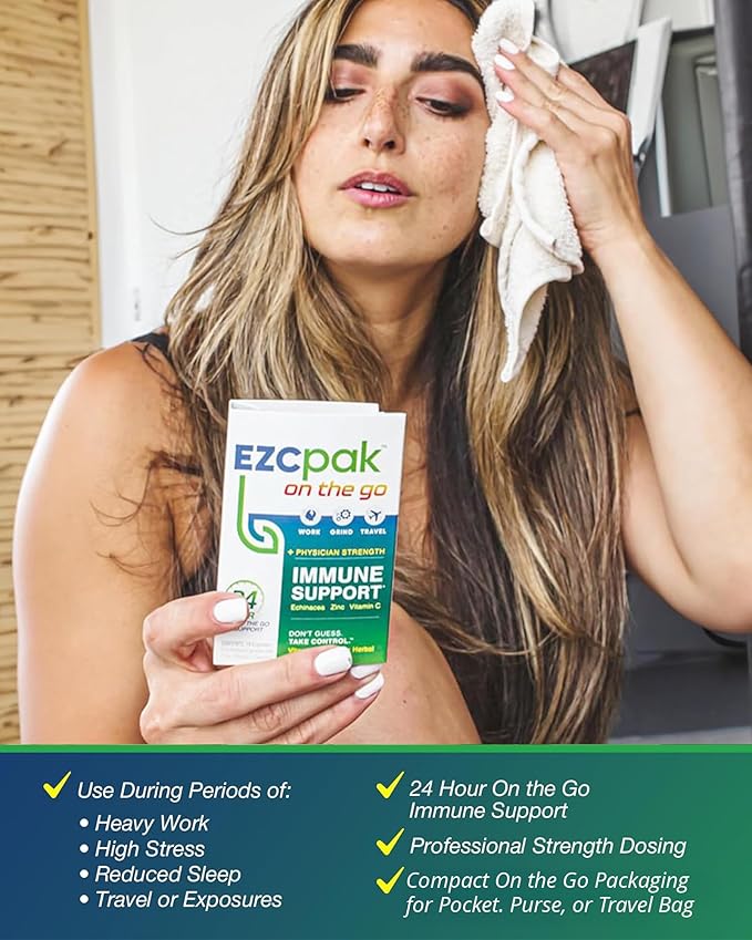 EZC Pak On The Go Immune System Booster with Echinacea, Vitamin C, Zinc, Immune Support Supplement, Immunity Vitamins for Adults, Travel-Friendly Packaging, Vegetarian, Gluten-Free