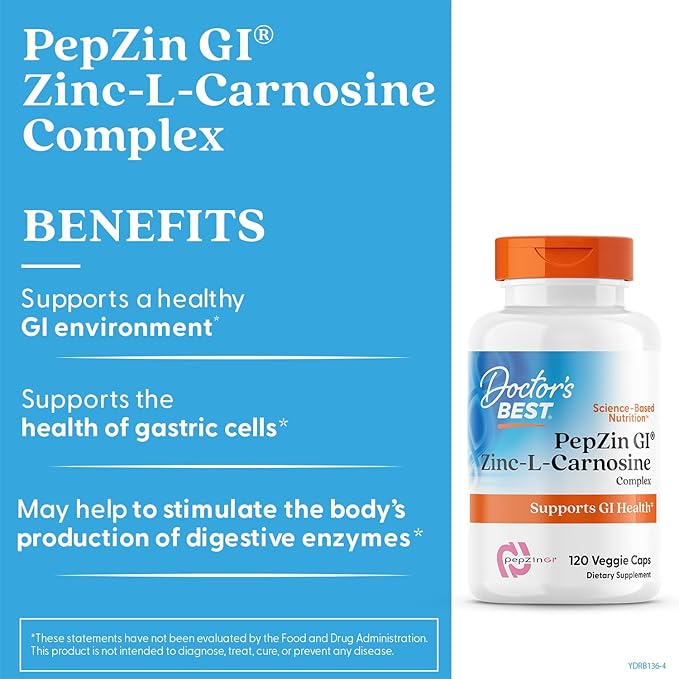 Doctor's Best PepZin GI, Zinc-L-Carnosine Complex for Men & Women - Zinc Carnosine Supplement Caps for Gut Health, Digestive Support, & Stomach Comfort, Vegan, Gluten Free - 120 Veg Capsules
