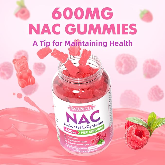 MEENCCD 2 Pack NAC Gummies, N Acetyl Cysteine 600mg NAC Supplement for Antioxidants & Immune Support, Sugar-Free, Raspberry Flavor, 120 Count